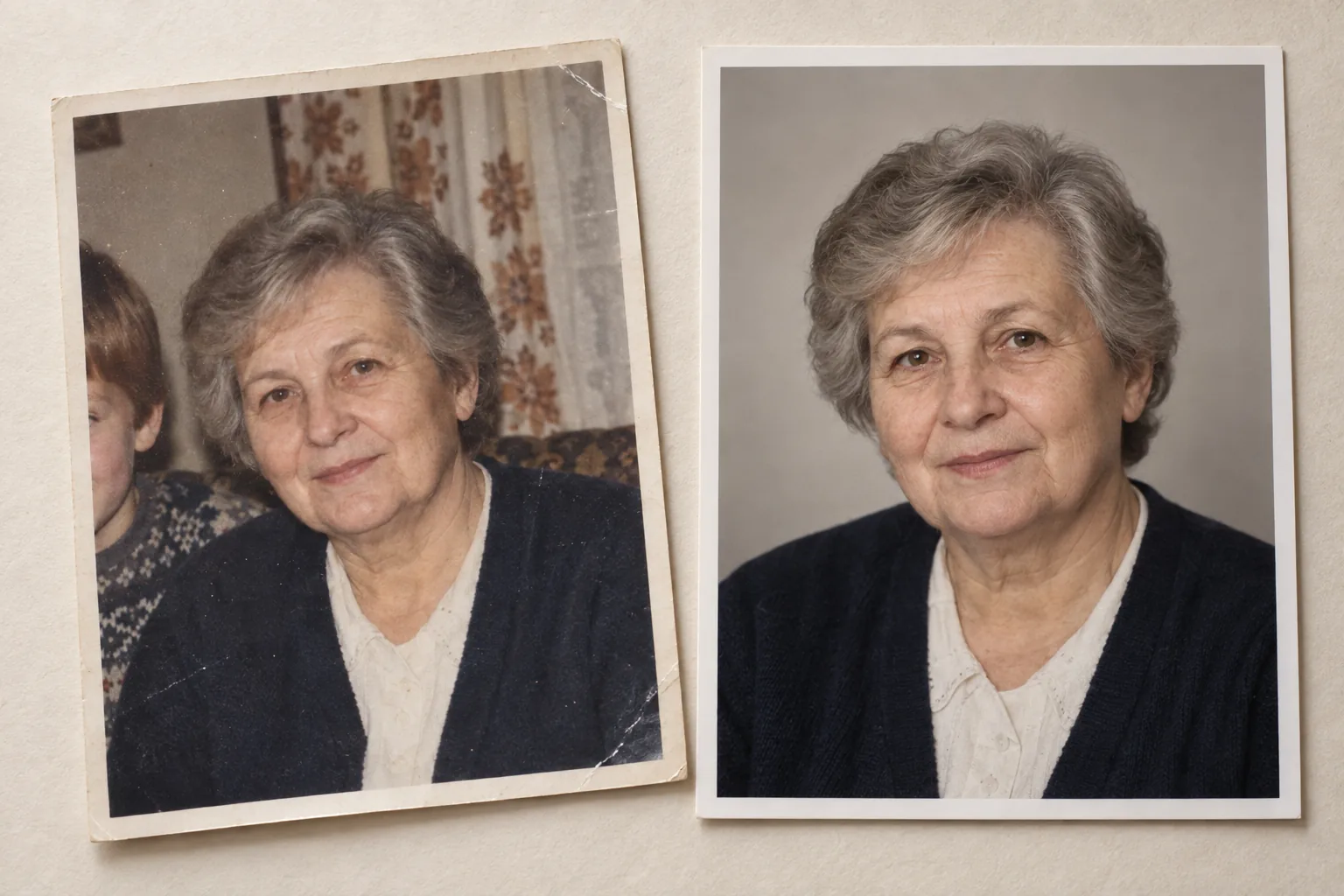 Ilustracja: fotografia starszej kobiety z rodzinnym tłem obok jej portretu na jednolitym szarym tle.